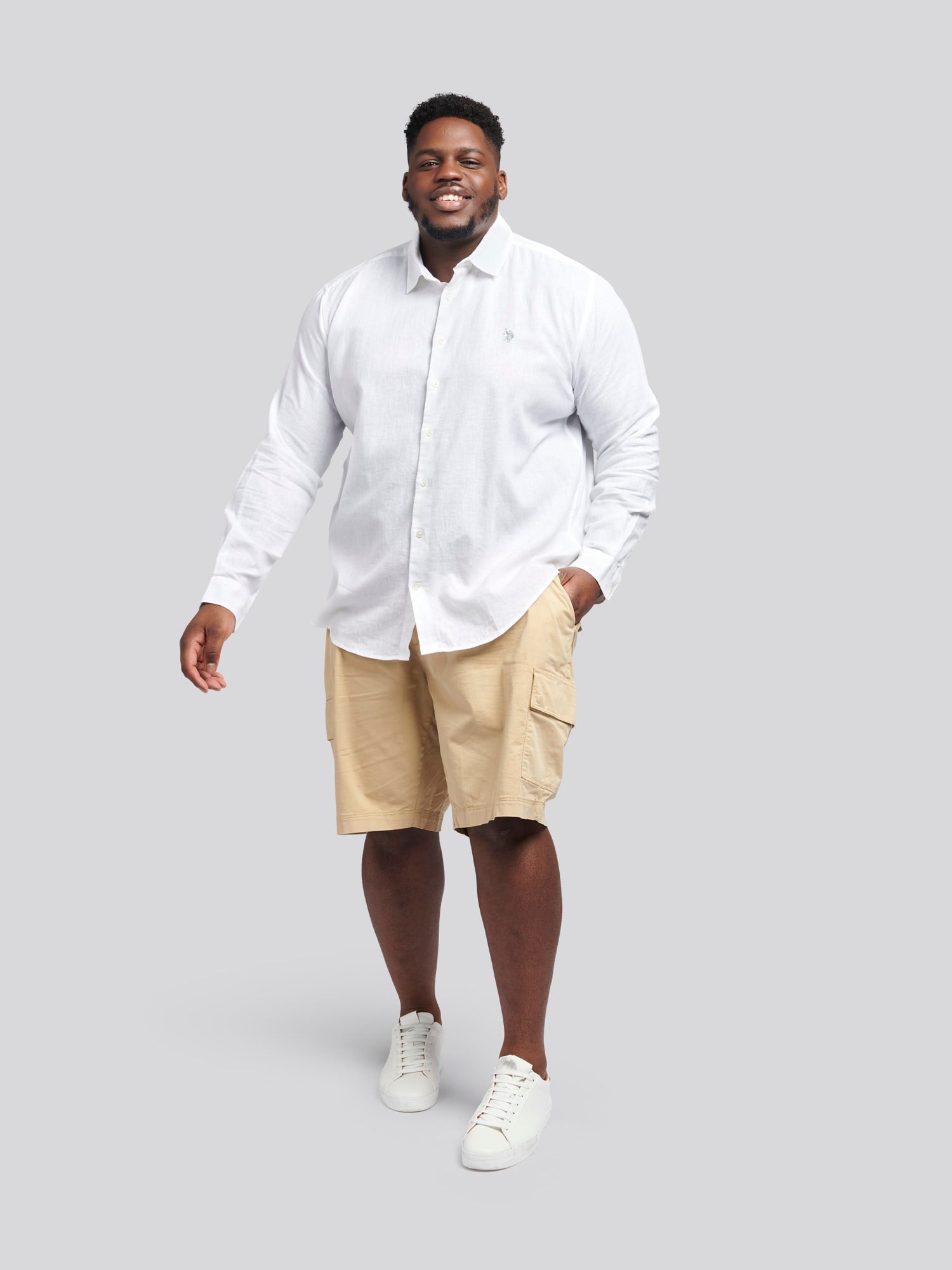 Mens Big & Tall Linen Blend Long Sleeve Shirt in Bright White