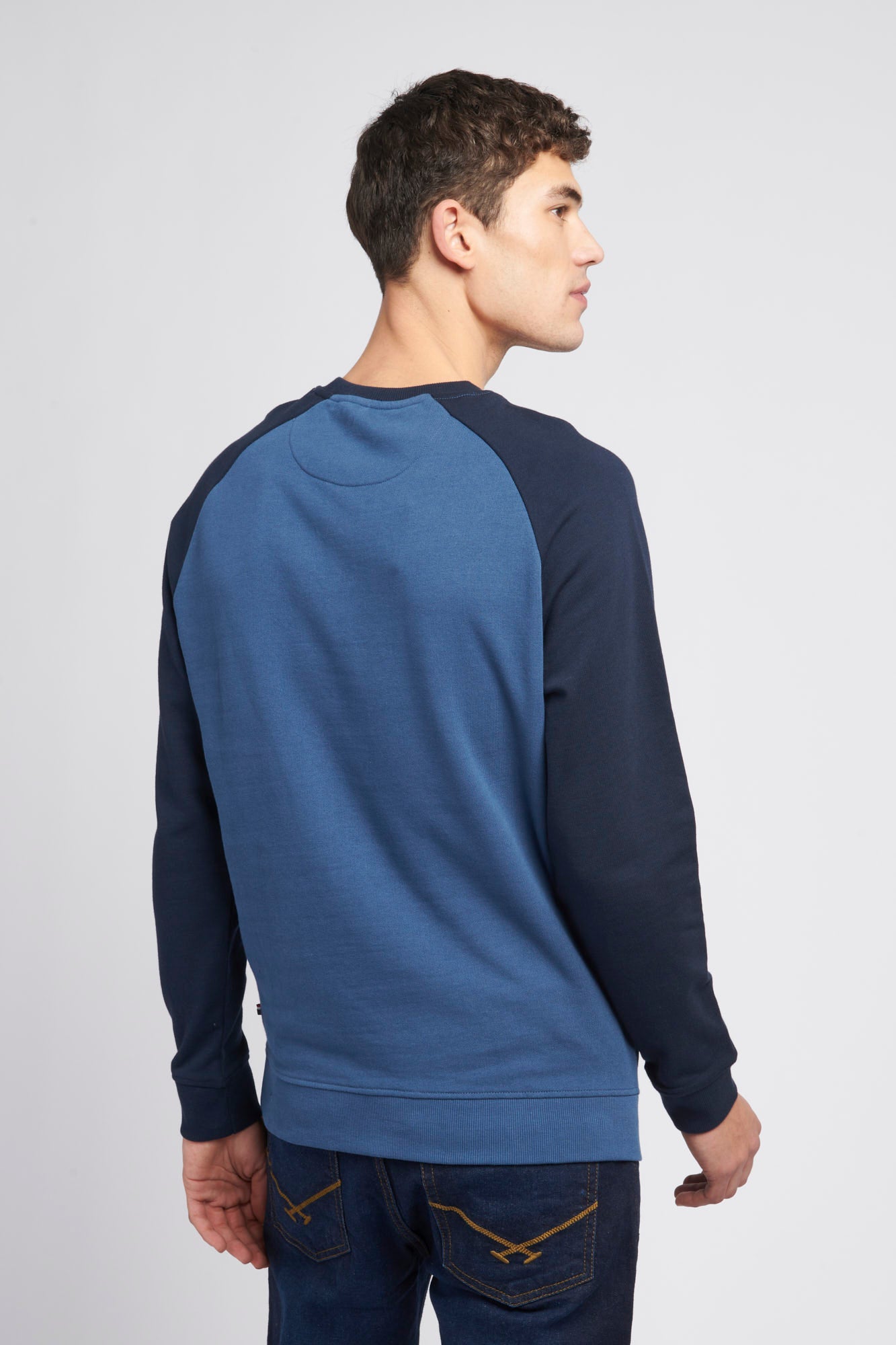 Mens Raglan Rider Crew Neck Sweater in Dark Denim