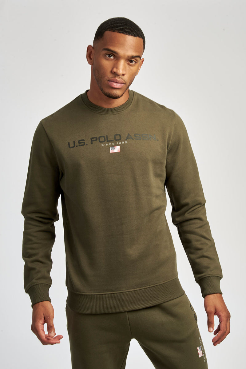 Mens Block Flag Graphic Crew Neck Sweater in Army Green