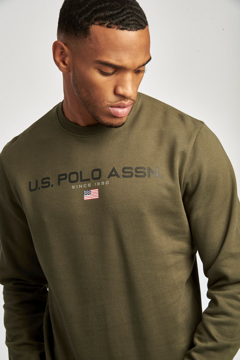 Mens Block Flag Graphic Crew Neck Sweater in Army Green