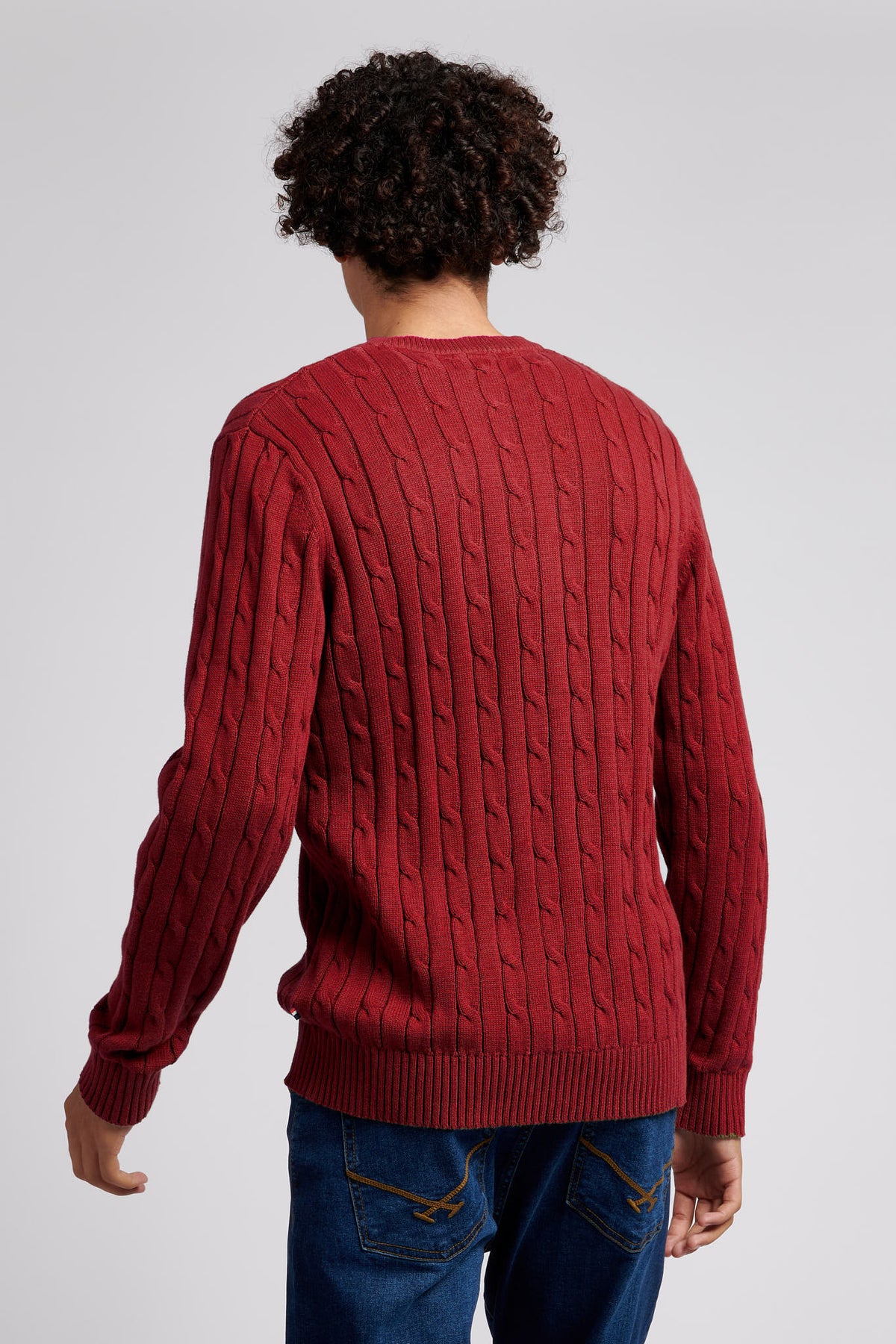 Mens Cotton Cable Crew Neck Sweatshirt in Biking Red