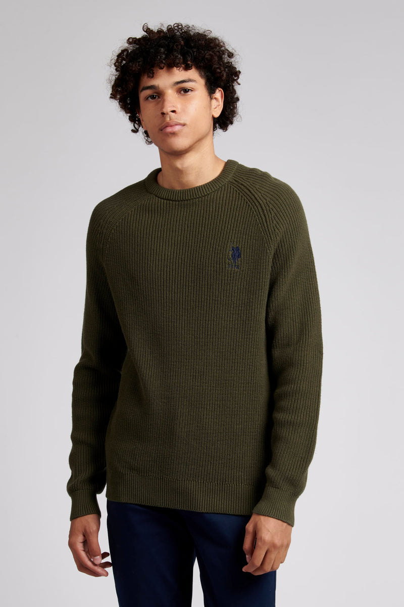 Mens Raglan Crew Neck Knitted Jumper in Forest Night