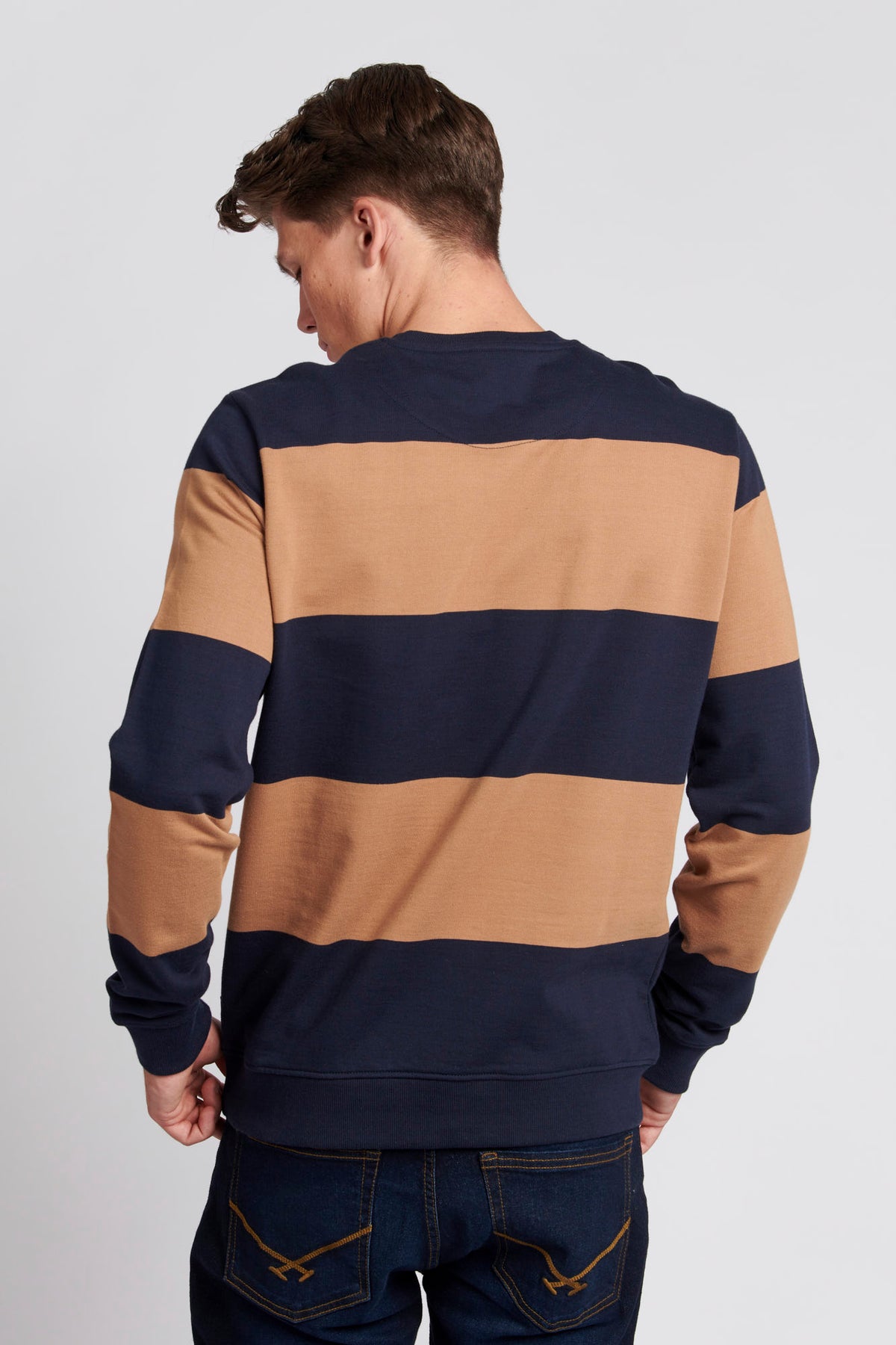 Mens Engineered Stripe Crew Neck Sweatshirt in Tigers Eye