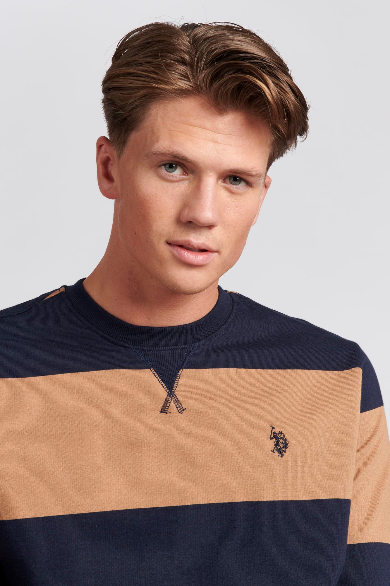 Mens Engineered Stripe Crew Neck Sweatshirt in Tigers Eye