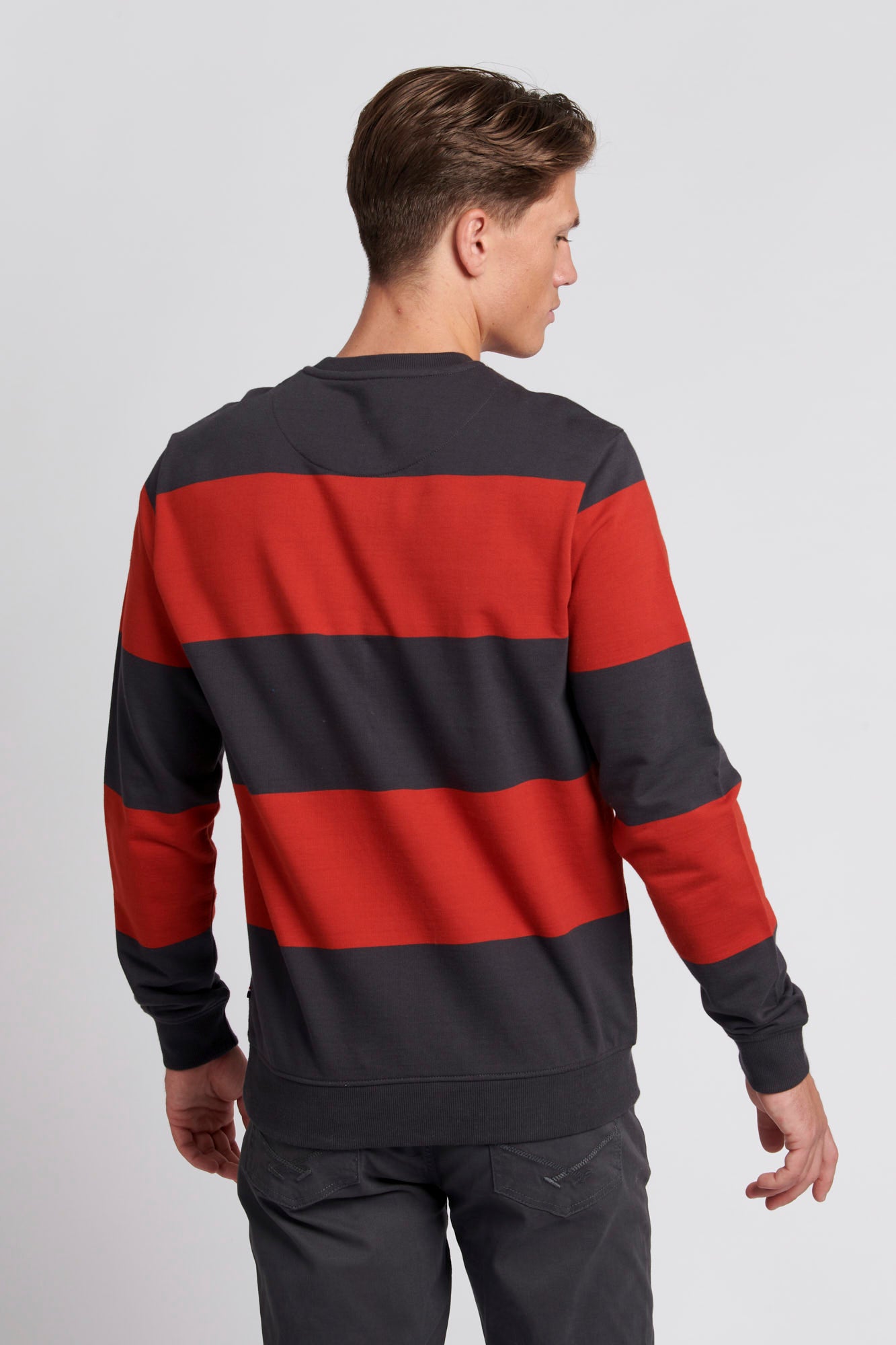 Mens Engineered Stripe Crew Neck Sweatshirt in Ketchup