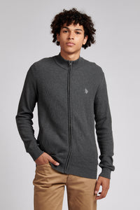 Mens Honeycomb Knit Zip Cardigan in Charcoal Grey Marl