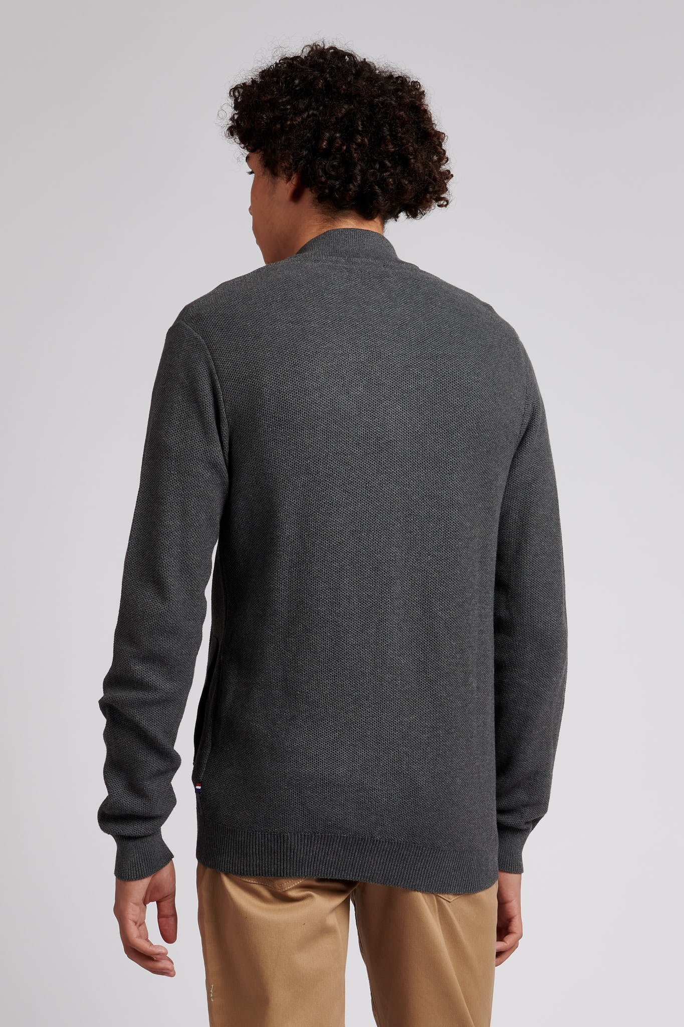 Mens Honeycomb Knit Zip Cardigan in Charcoal Grey Marl