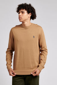 Mens Crew Neck Knitted Jumper in Tigers Eye