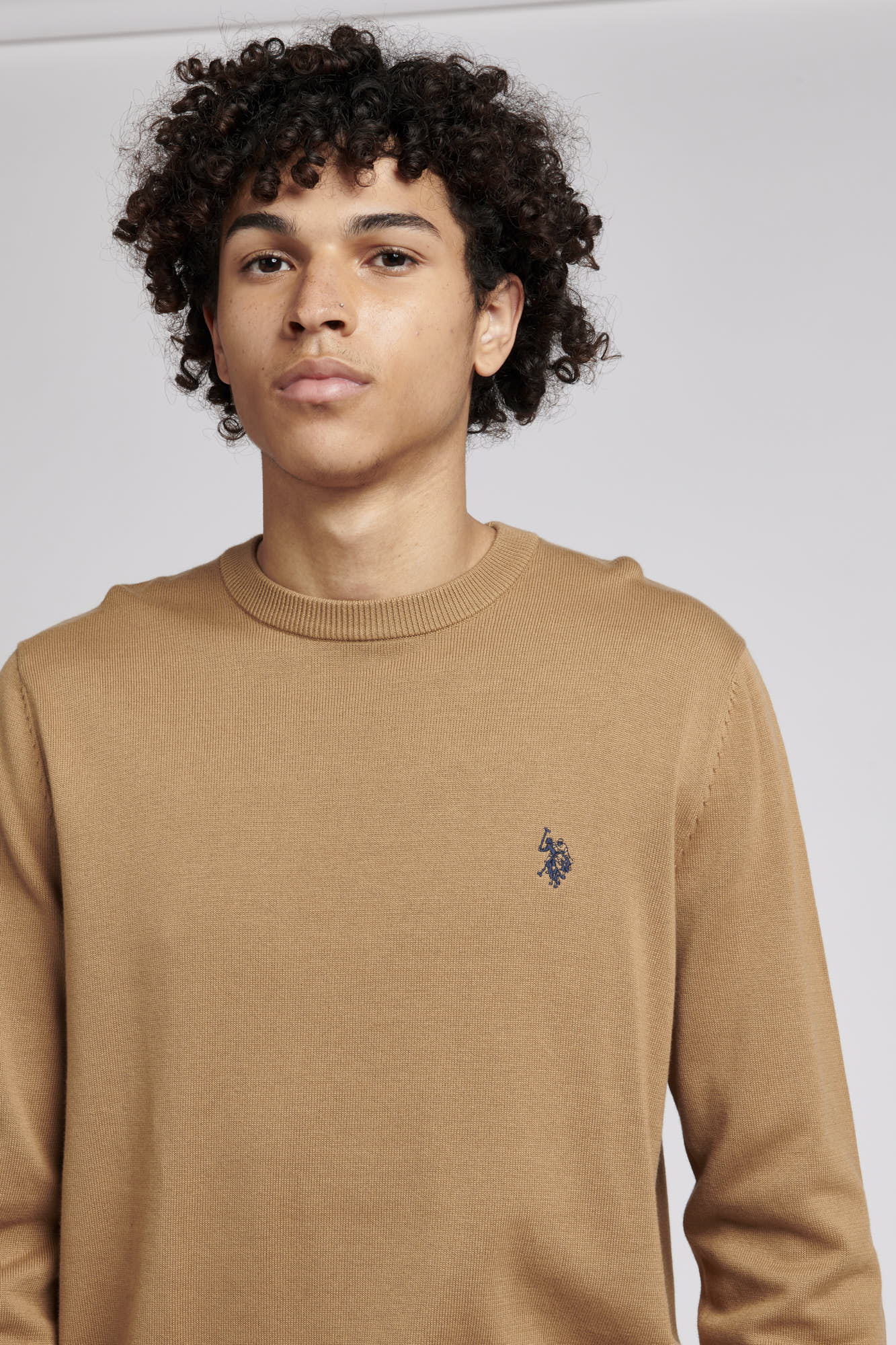 Mens Crew Neck Knitted Jumper in Tigers Eye