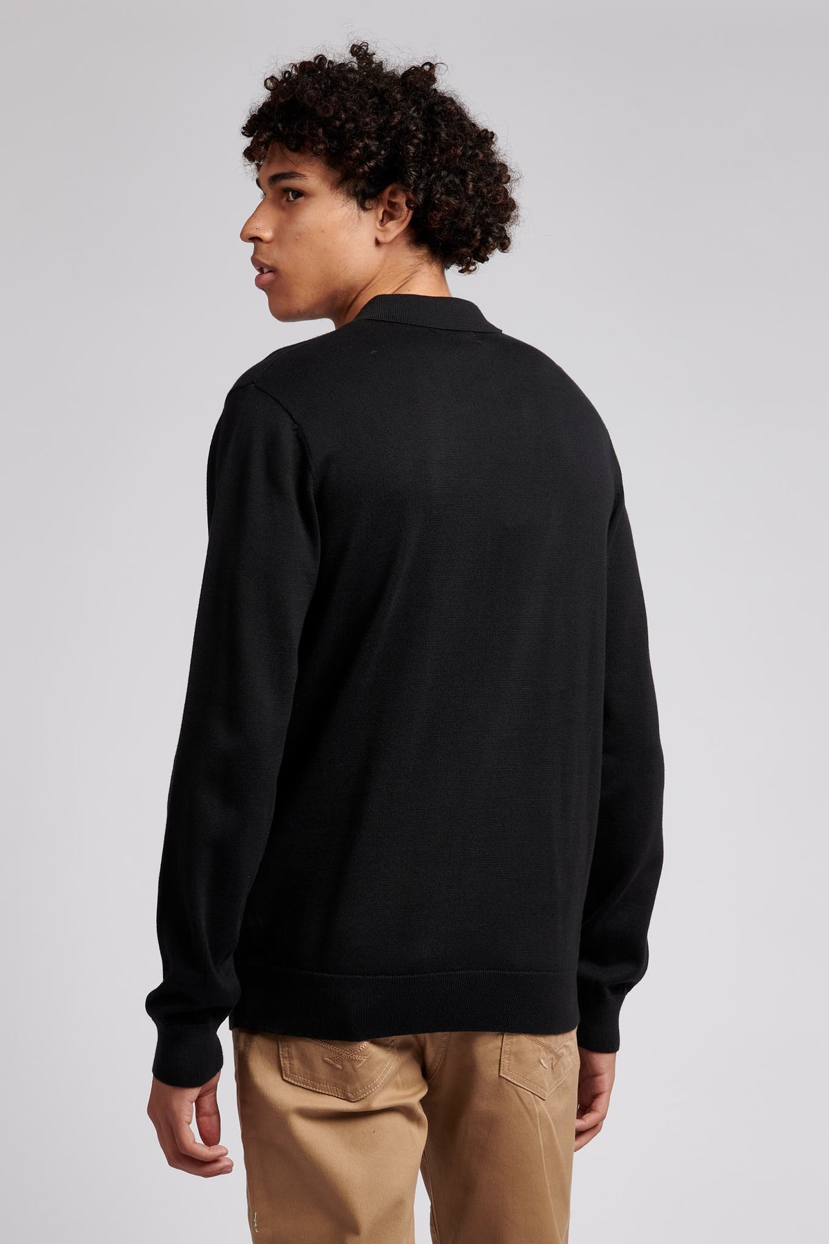 Mens Long Sleeve Knitted Polo Shirt in Black