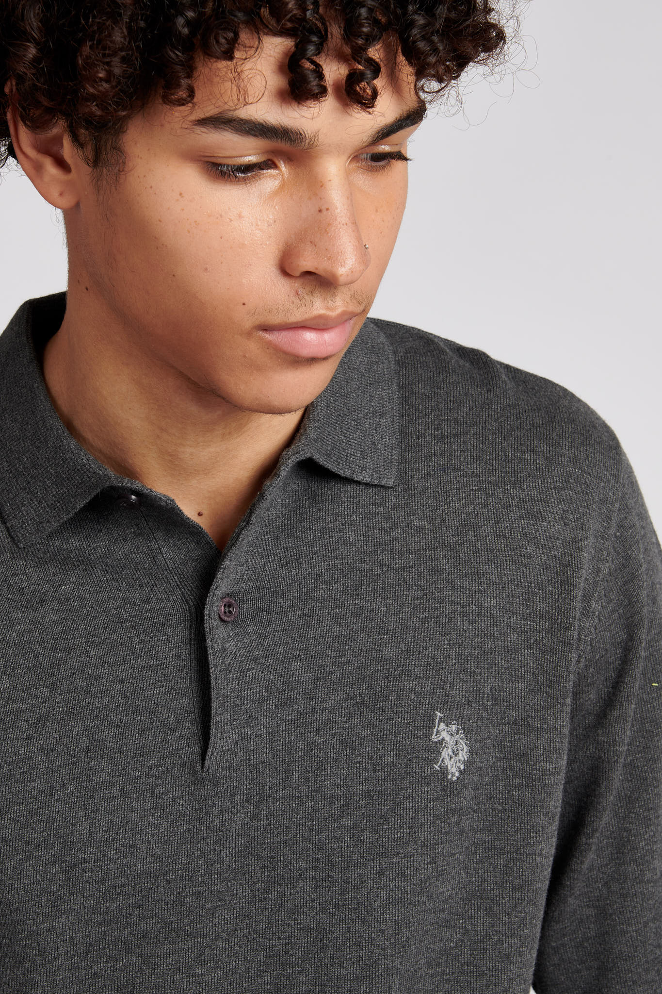 Mens Long Sleeve Knitted Polo Shirt in Charcoal Grey Marl