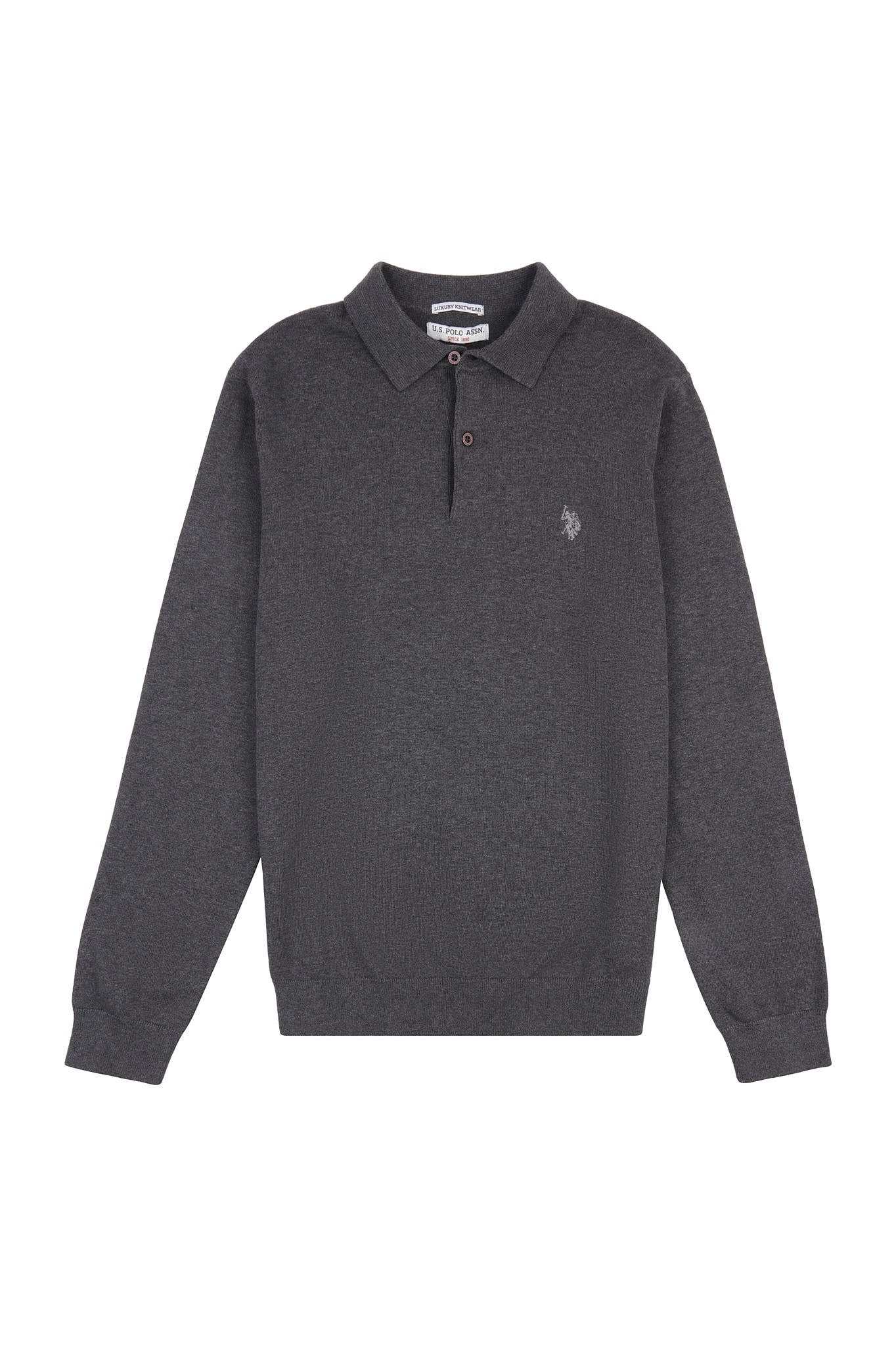 Mens Long Sleeve Knitted Polo Shirt in Charcoal Grey Marl