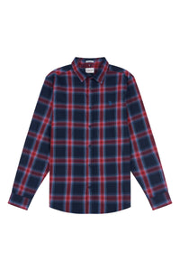 Mens Peached Check Poplin Shirt in Navy Blue