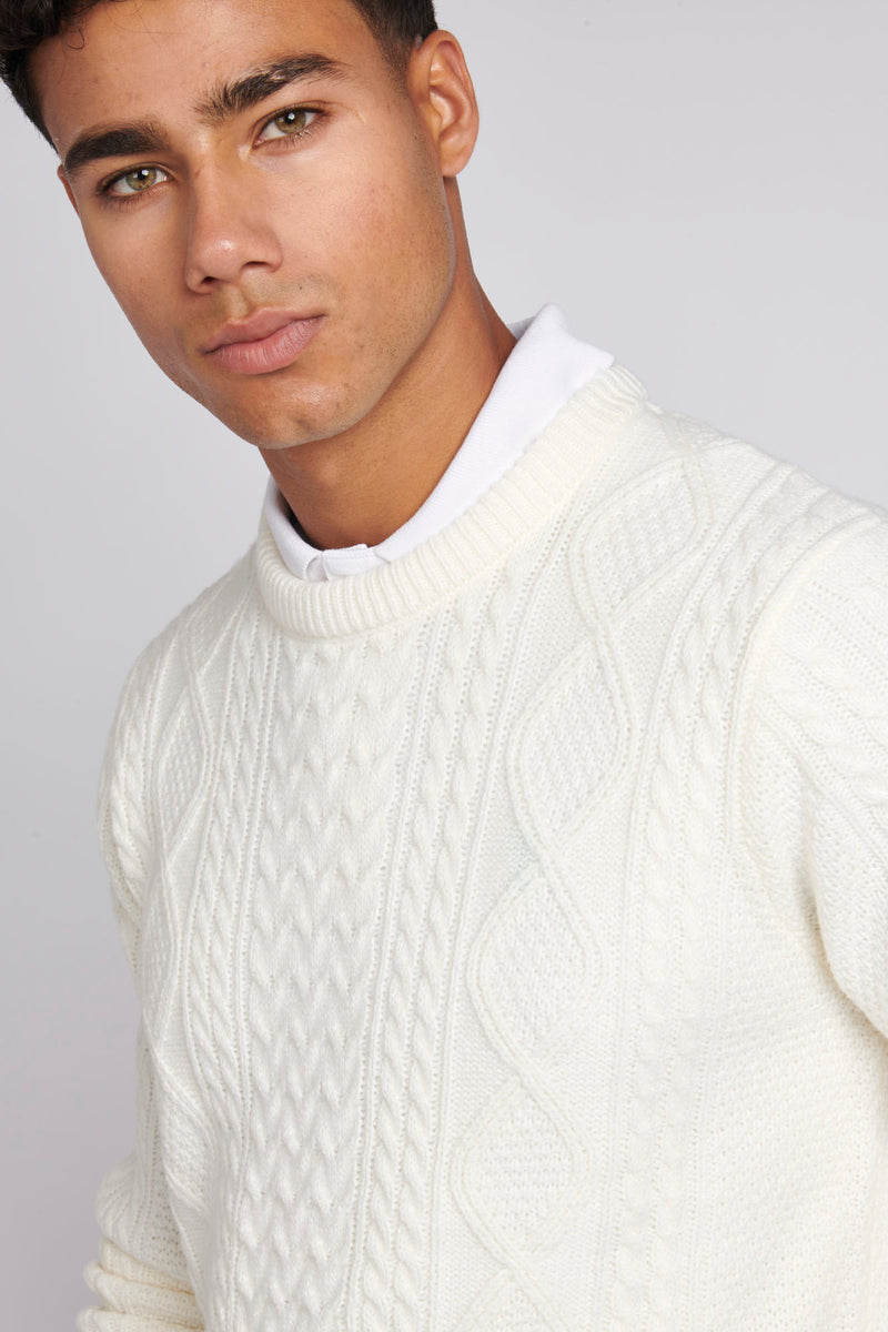 Mens Heavyweight Knit Crew Neck Jumper in Marshmallow