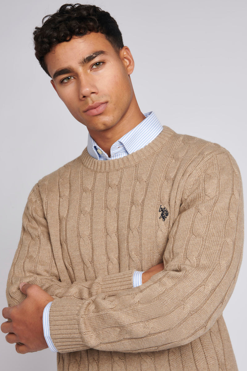 Mens Cable Knit Crew Neck Jumper in Greige Marl / Navy Blazer