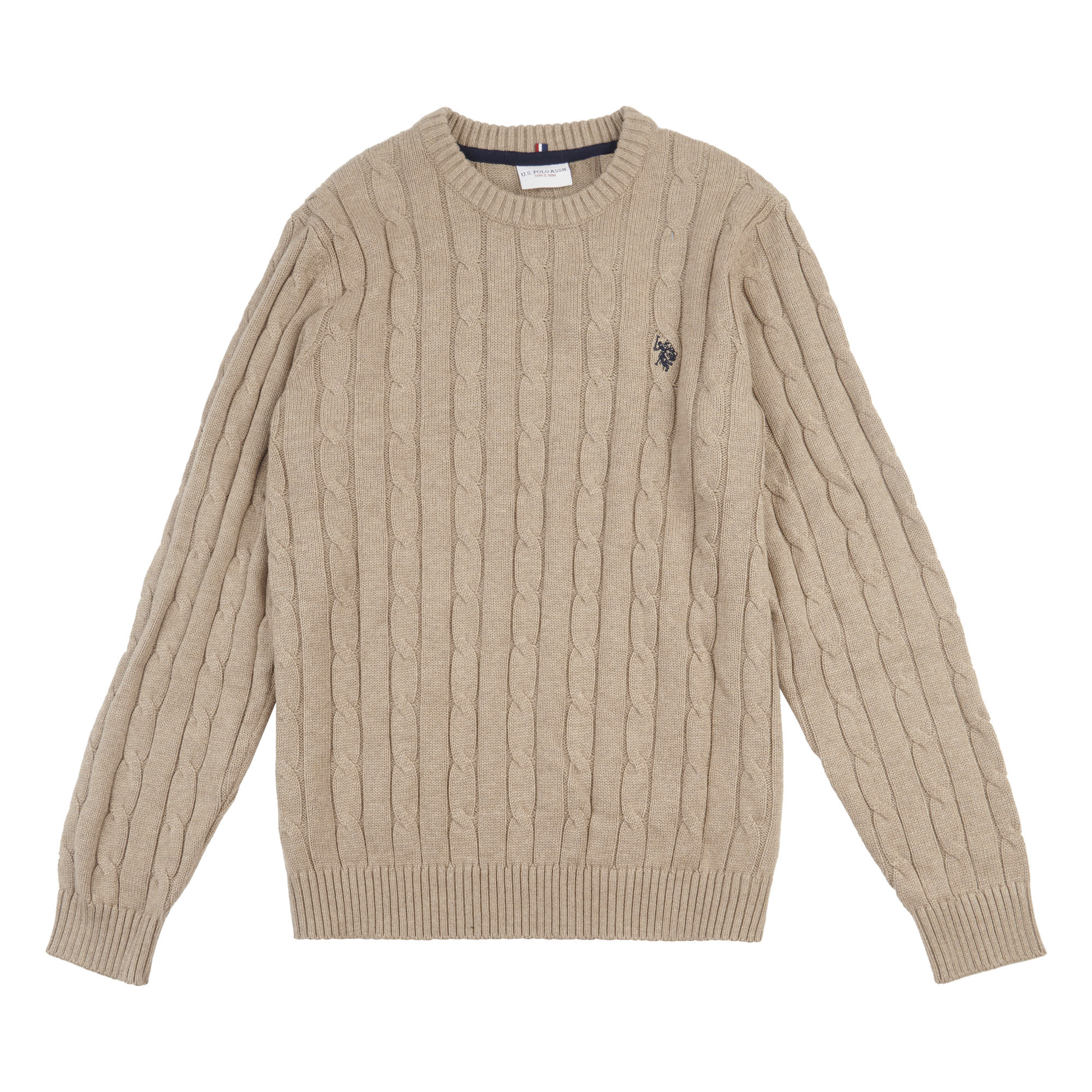 Mens Cable Knit Crew Neck Jumper in Greige Marl / Navy Blazer