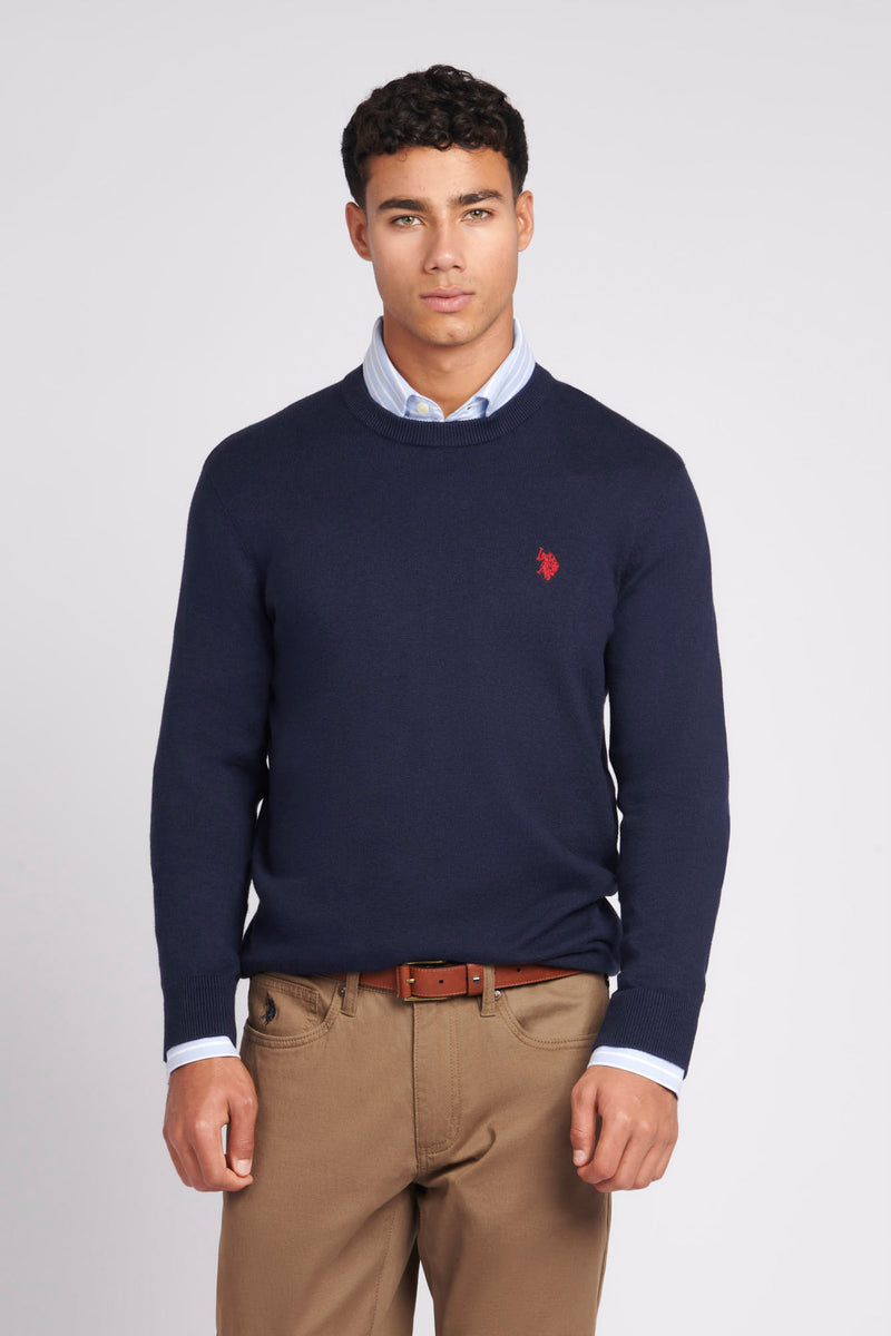 Mens Lightweight Crew Neck Jumper in Dark Sapphire Navy / Haute Red DHM