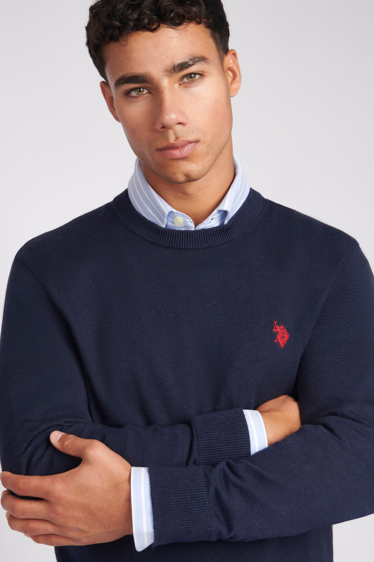 Mens Cotton Crew Neck Jumper in Dark Sapphire Navy / Haute Red DHM