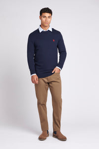 Mens Lightweight Crew Neck Jumper in Dark Sapphire Navy / Haute Red DHM