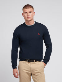 Mens Lightweight Crew Neck Jumper in Dark Sapphire Navy / Haute Red DHM