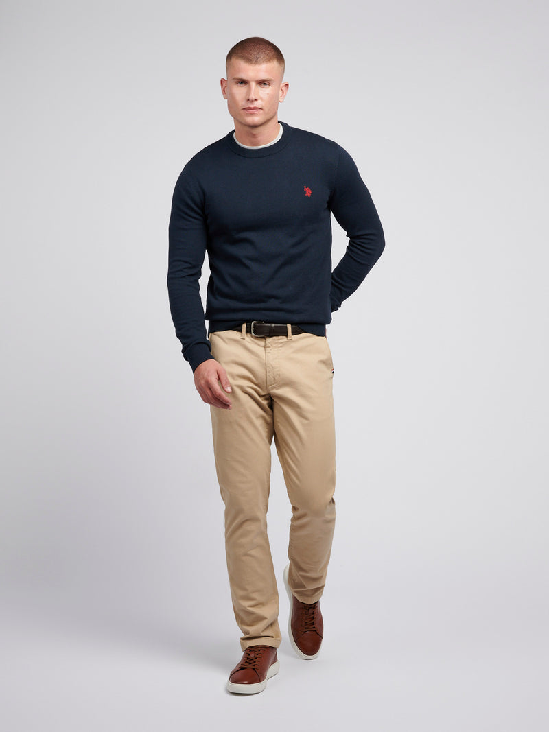 Mens Lightweight Crew Neck Jumper in Dark Sapphire Navy / Haute Red DHM