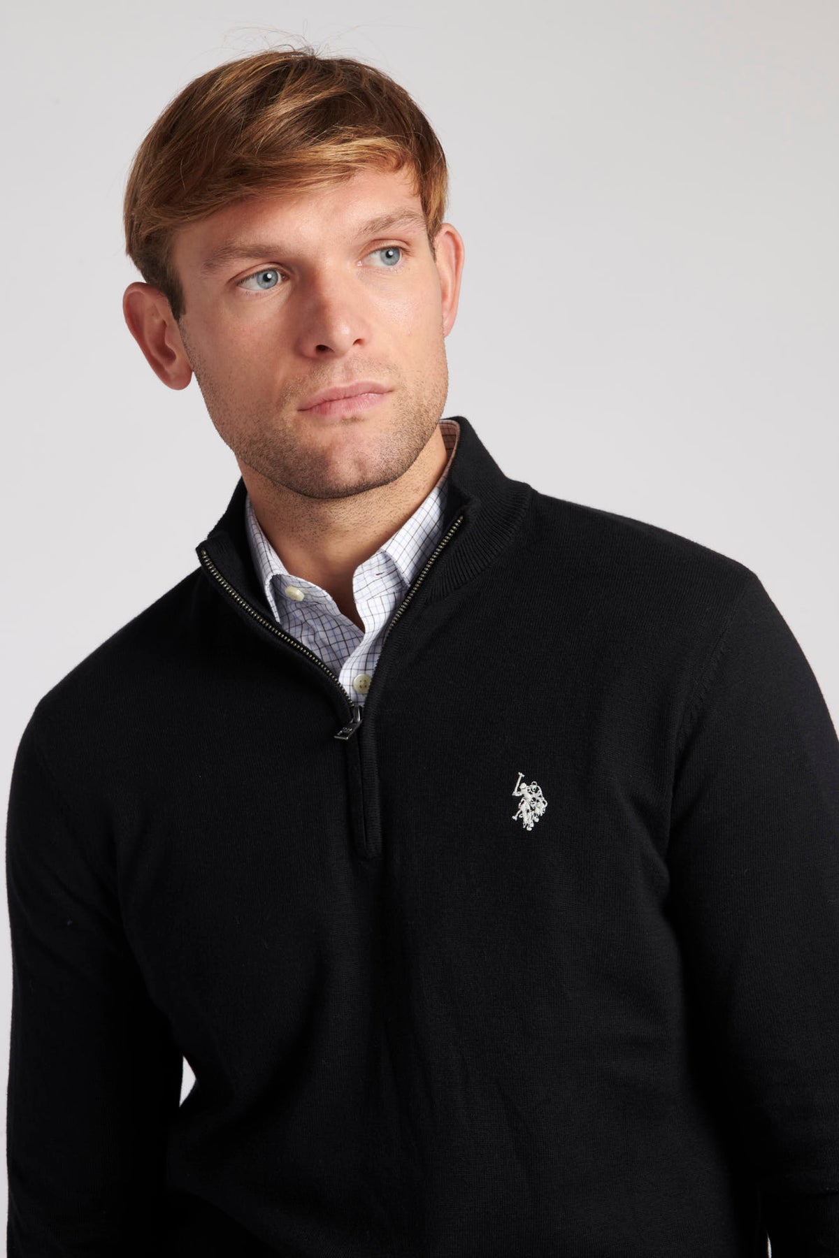 Mens Cotton Funnel Neck 1/4 Zip Knit in Black Steeple Grey DHM