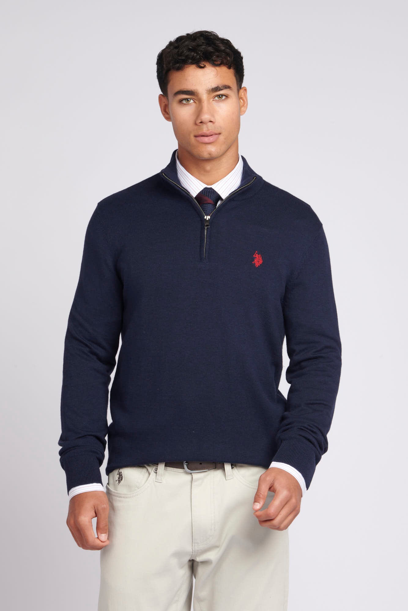 Mens Funnel Neck 1/4 Zip Jumper in Dark Sapphire Navy / Haute Red DHM