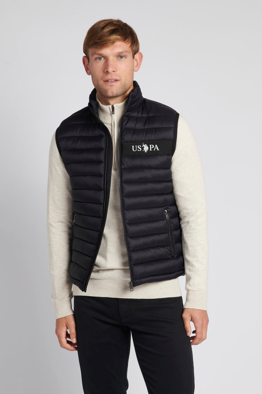 Mens Lightweight Quilted Tape Gilet in Black / Marshmallow – U.S. Polo ...