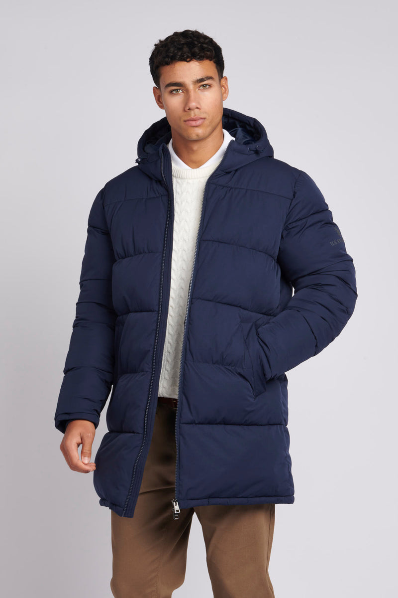 Mens Longline Puffer Coat in Navy Blue