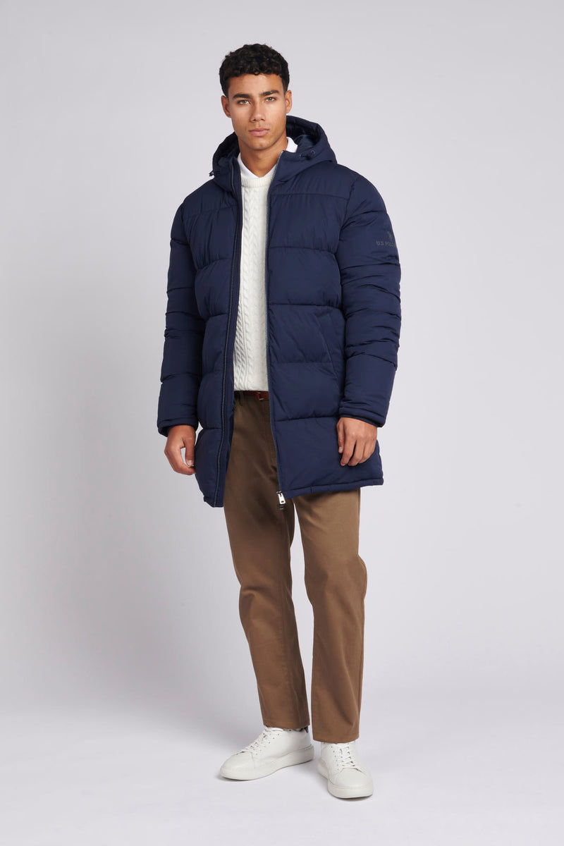 Mens Longline Puffer Coat in Navy Blue