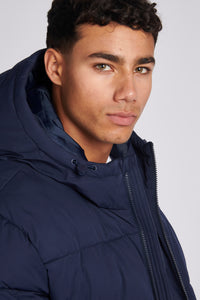 Mens Longline Puffer Coat in Navy Blue