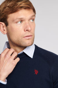 Mens Crew Neck Knitted Jumper in Navy Blazer / Haute Red