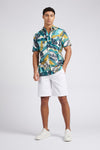 Mens Palm Print Short Sleeve Shirt in White Alyssum