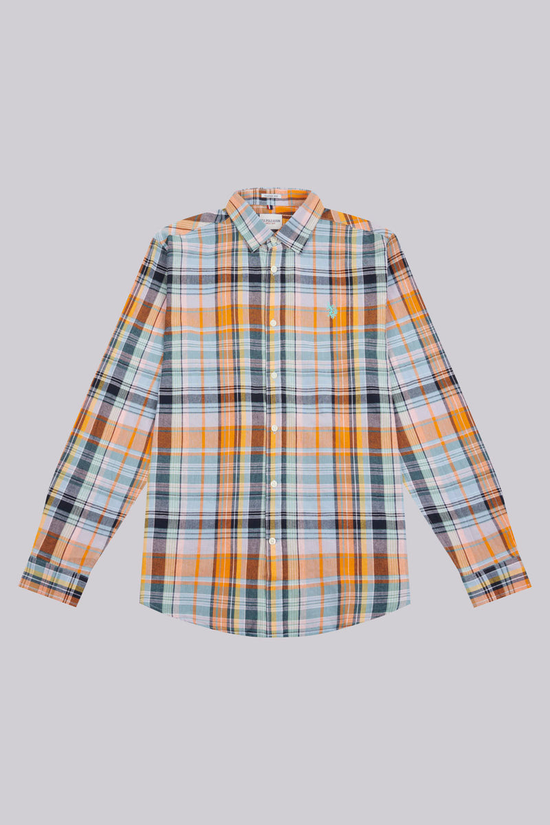 Mens Linen Blend Check Shirt in Cashmere Blue