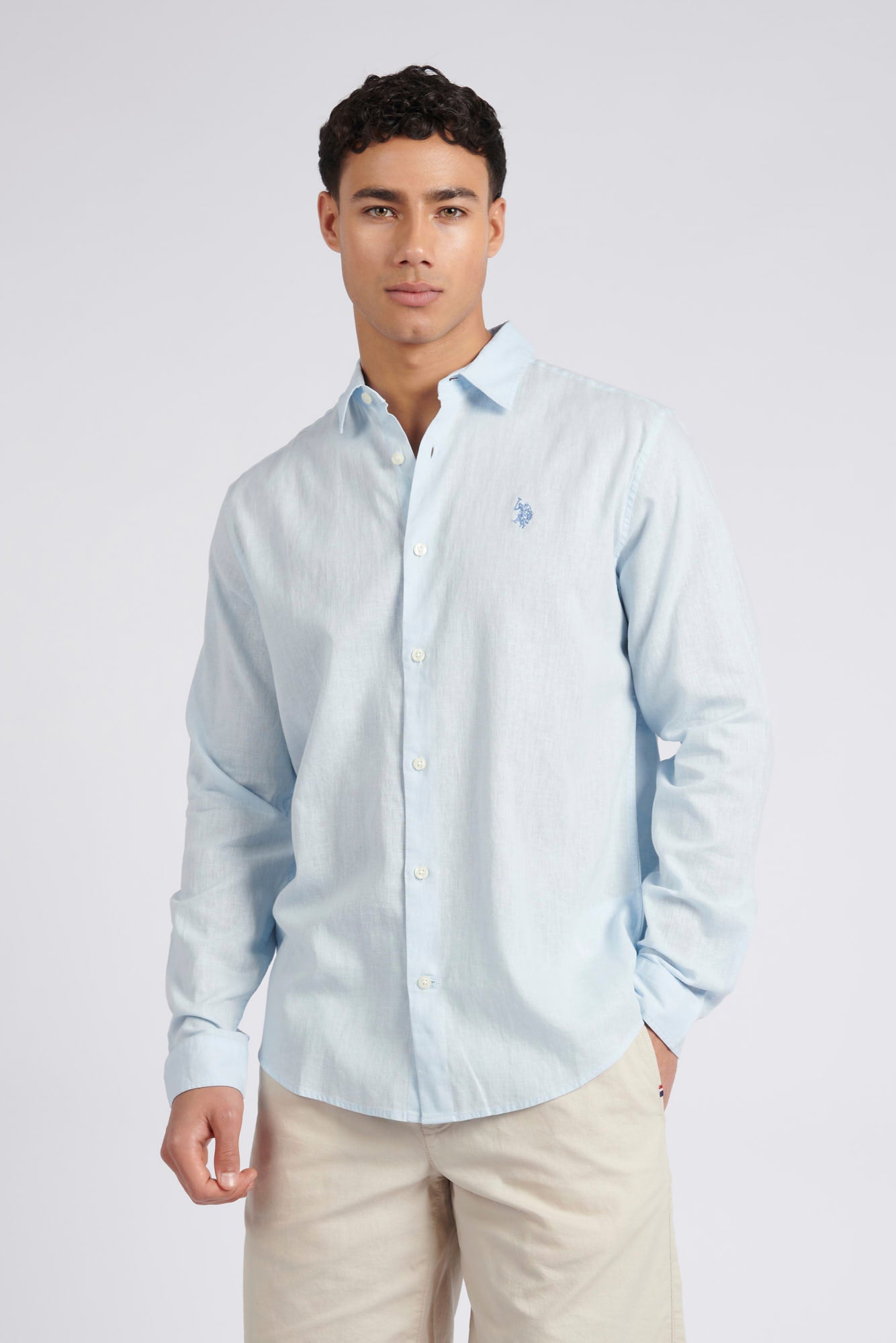 Mens Linen Blend Shirt in Ice Blue