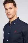 Mens Stretch Cotton Poplin Shirt in Dark Sapphire Navy / Haute Red DHM