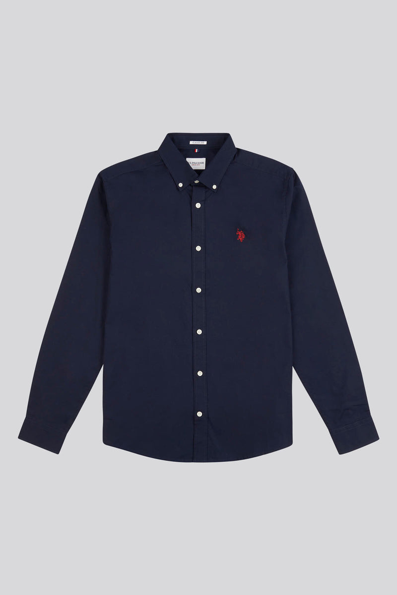 Mens Stretch Cotton Poplin Shirt in Dark Sapphire Navy / Haute Red DHM