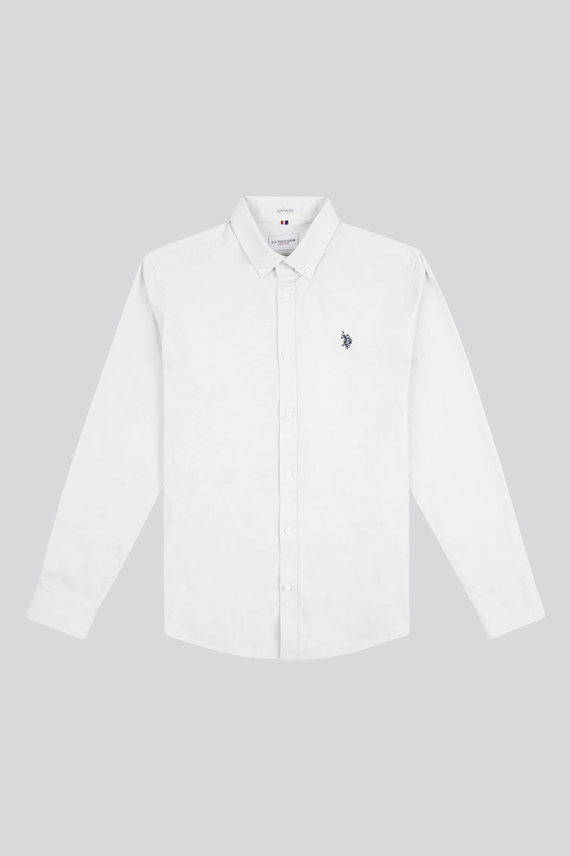 Mens Stretch Cotton Poplin Shirt in White / Dark Sapphire Navy DHM