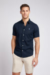 Mens Linen Blend Short Sleeve Shirt in Dark Sapphire Navy