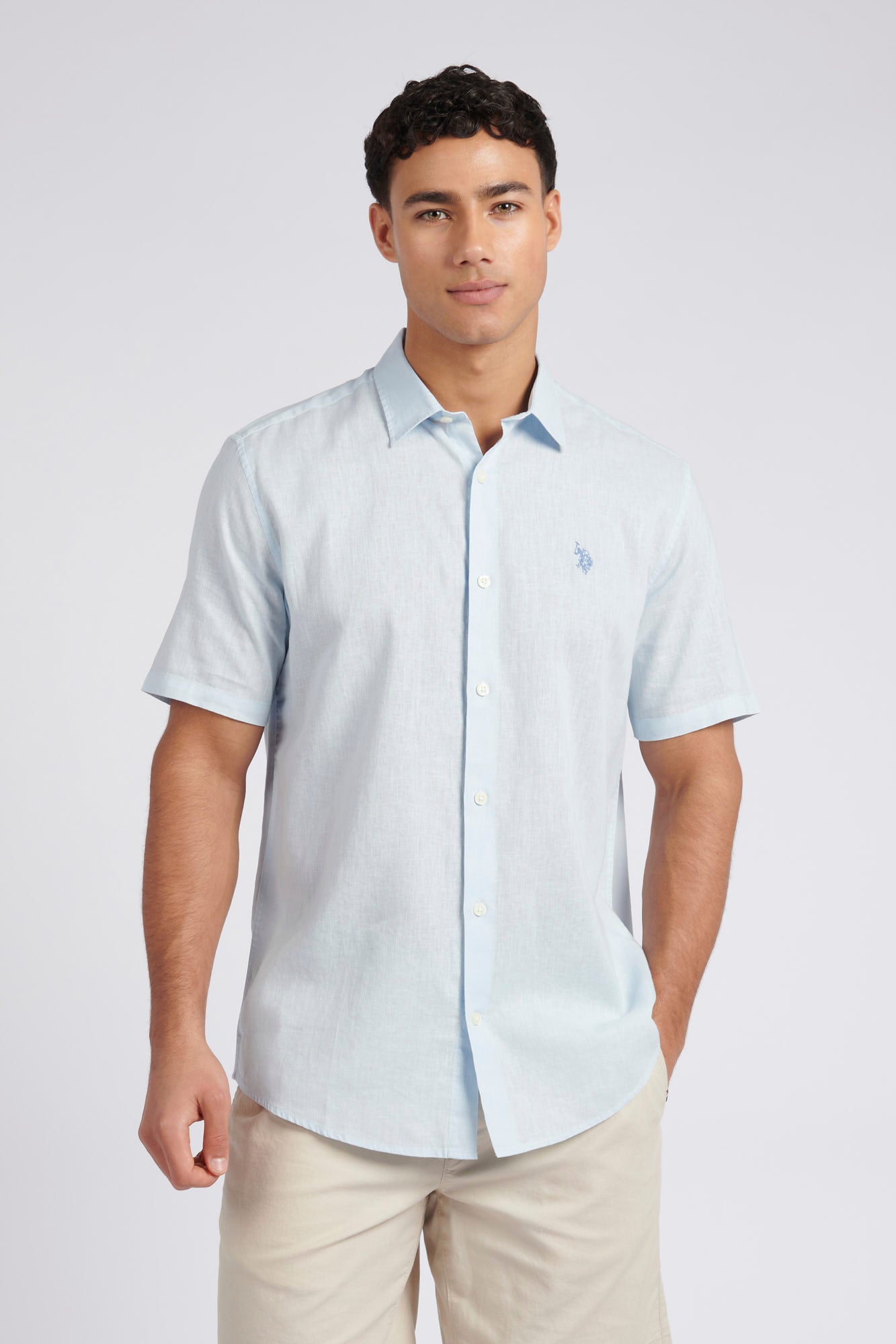 Mens Linen Blend Short Sleeve Shirt in Ice Blue