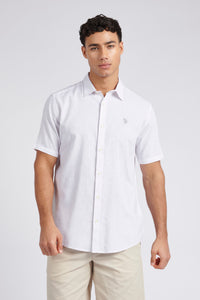 Mens Linen Blend Short Sleeve Shirt in White / Harbour Mist DHM