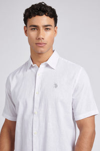 Mens Linen Blend Short Sleeve Shirt in White / Harbour Mist DHM