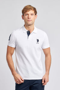 Mens Player 3 Pique Polo Shirt in White / Dark Sapphire Navy DHM