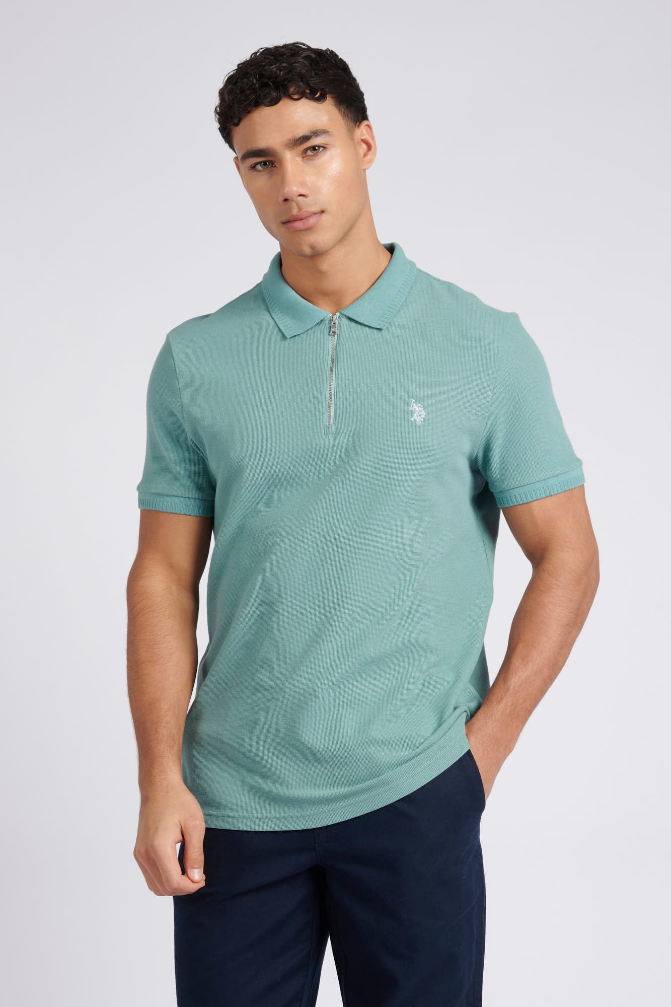 Mens Double Horsemen Textured Polo Shirt in Mineral Blue