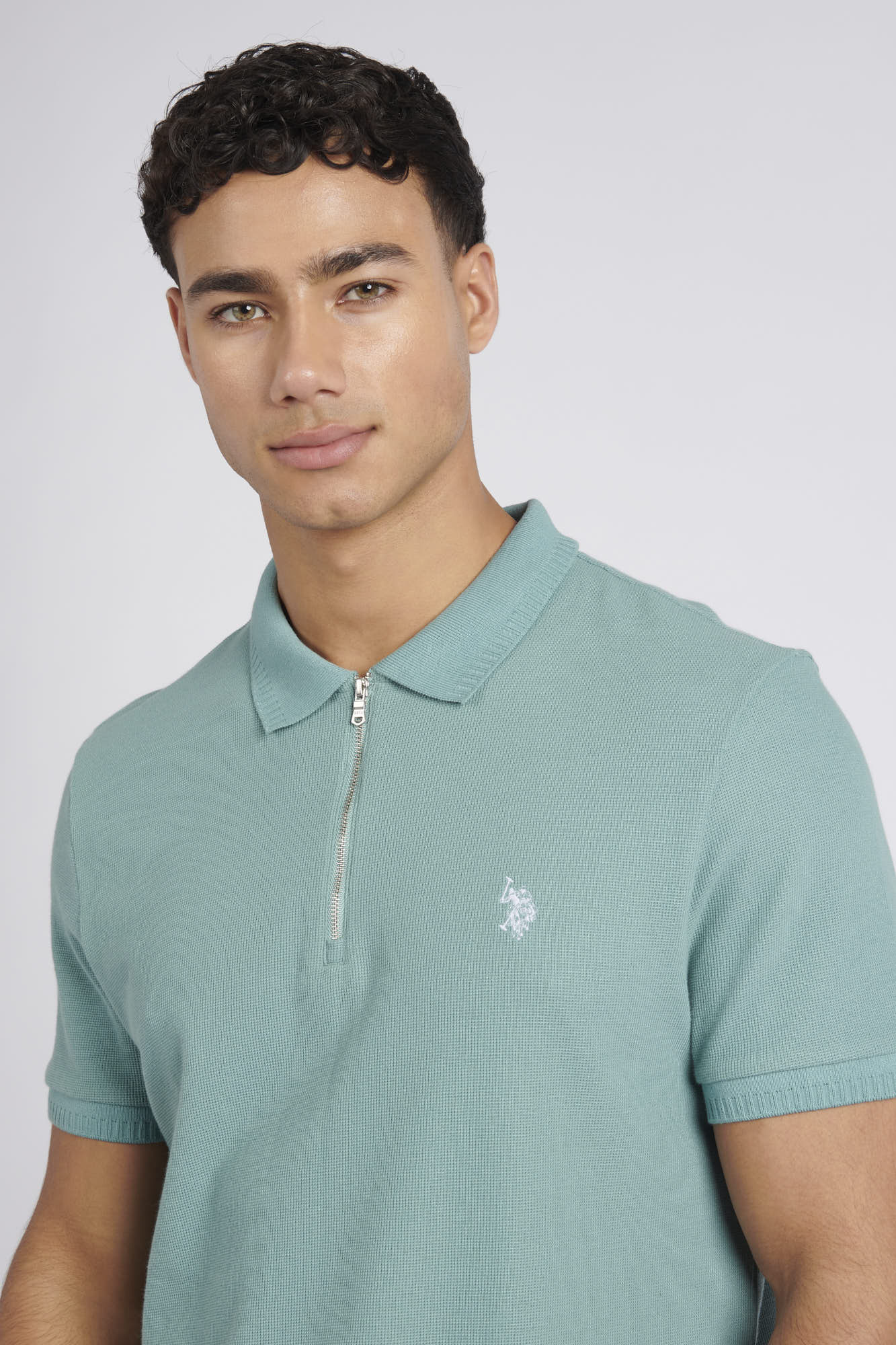 Mens Double Horsemen Textured Polo Shirt in Mineral Blue