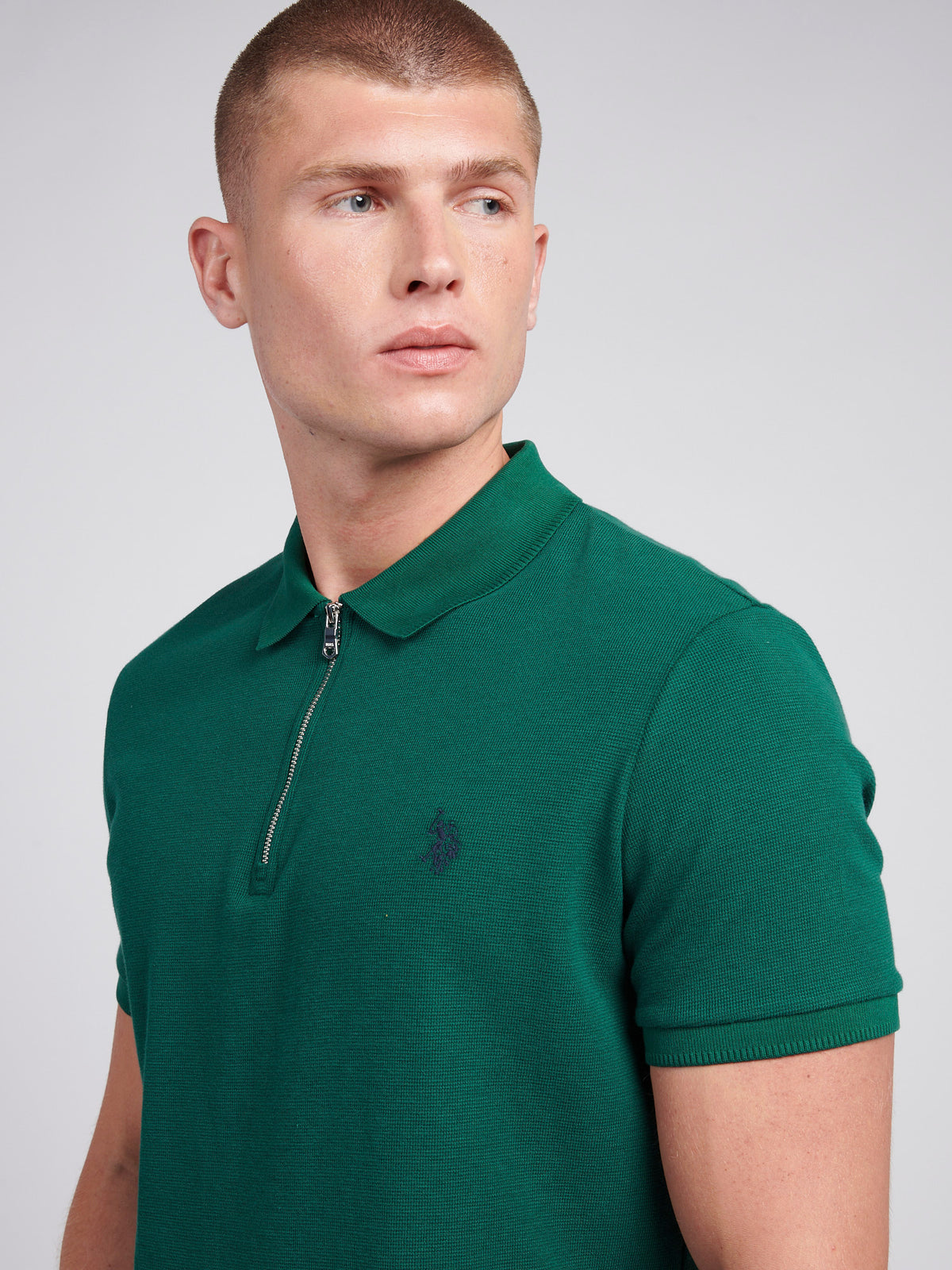 Mens Double Horsemen Textured Polo Shirt in Rain Forest