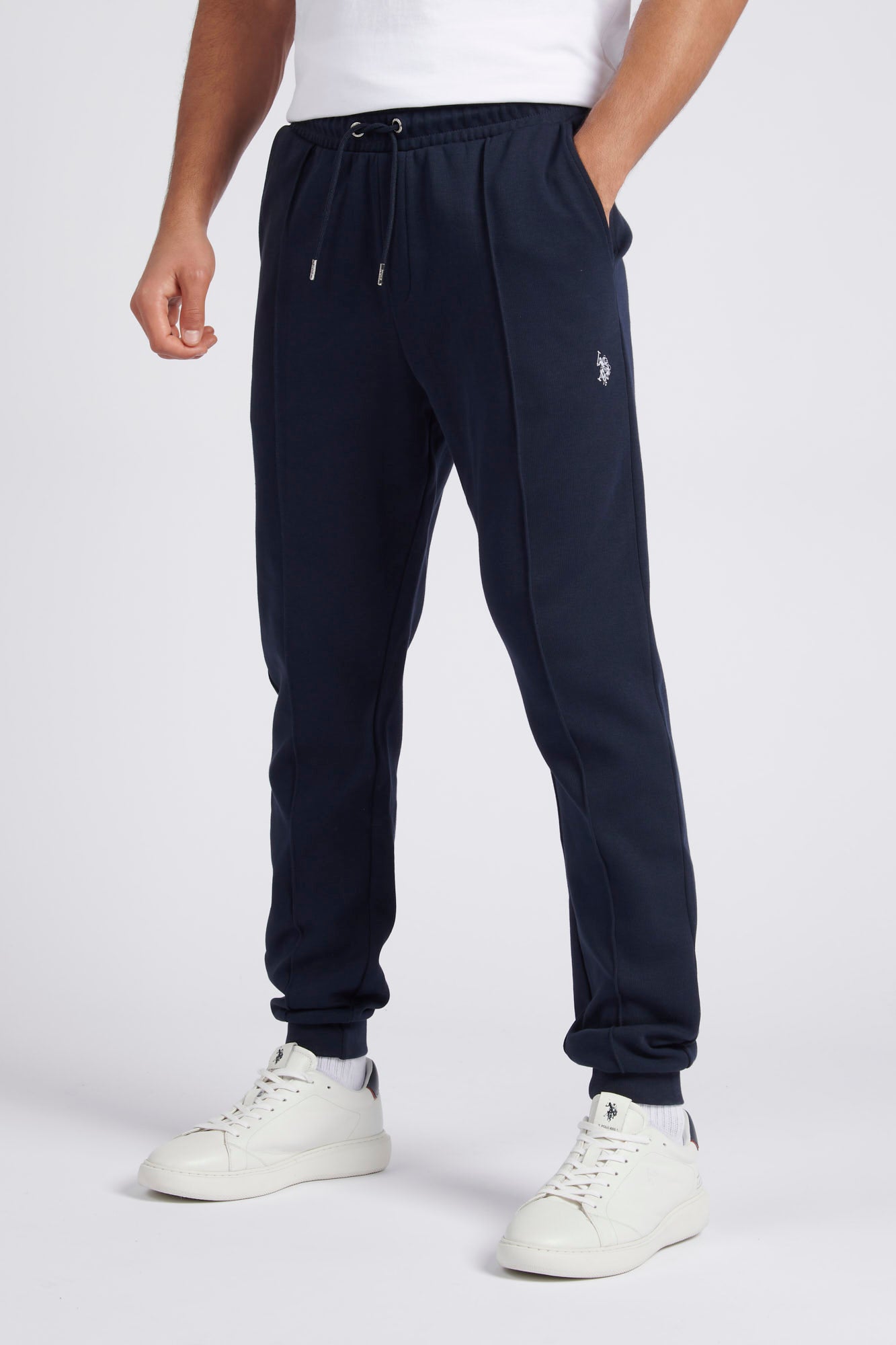 Mens Classic Fit Pin Tuck Joggers in Dark Sapphire Navy / White DHM