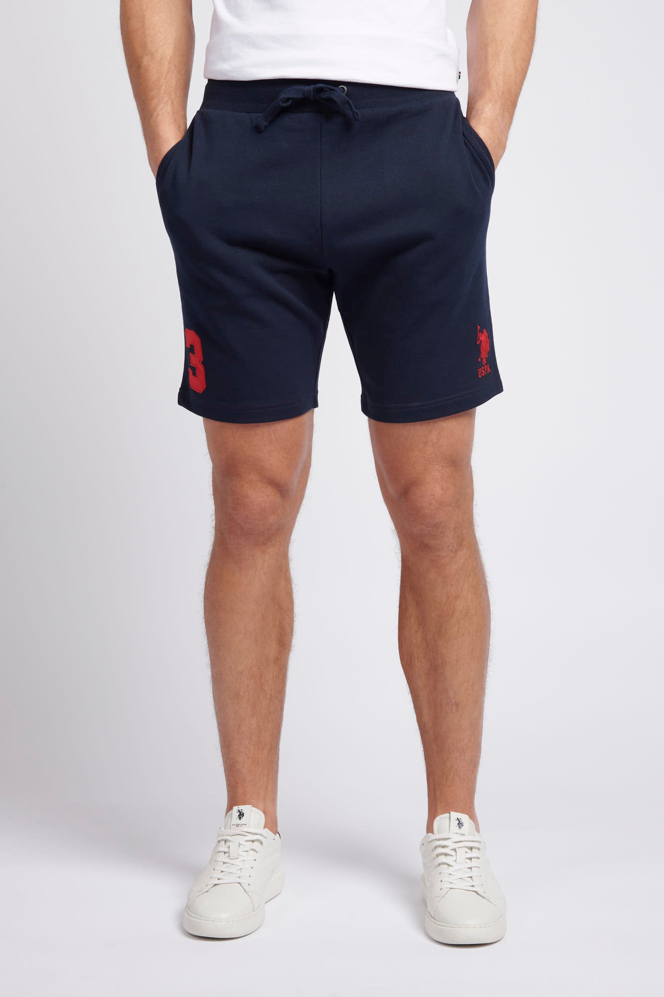 Mens Classic Fit Player 3 Sweat Shorts in Dark Sapphire Navy Haute Red DHM