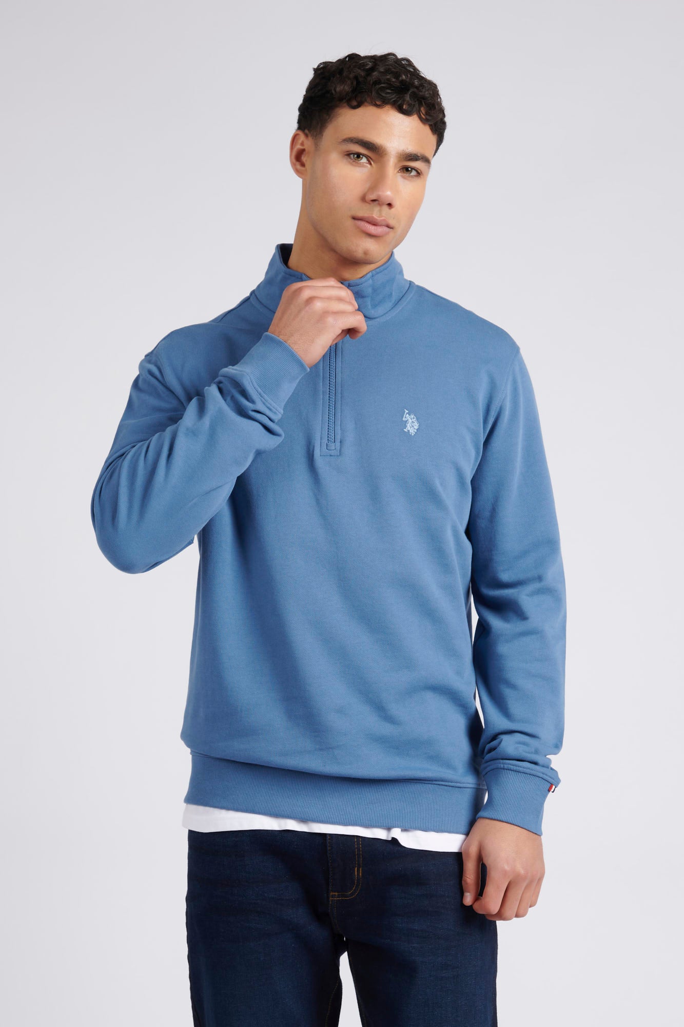 Mens Double Horsemen ¼ Zip Loop Back Sweatshirt in Blue Horizon