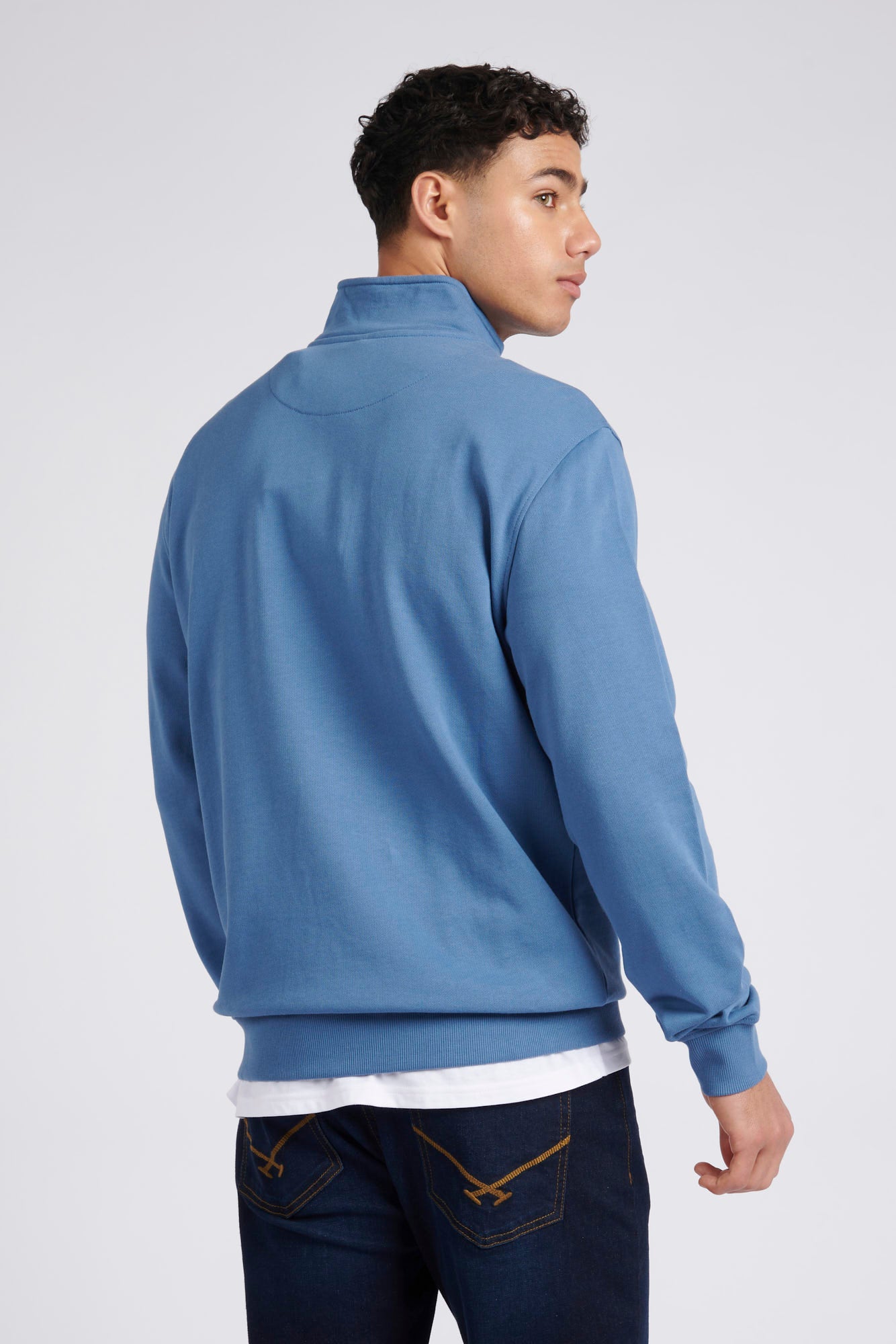 Mens Double Horsemen ¼ Zip Loop Back Sweatshirt in Blue Horizon